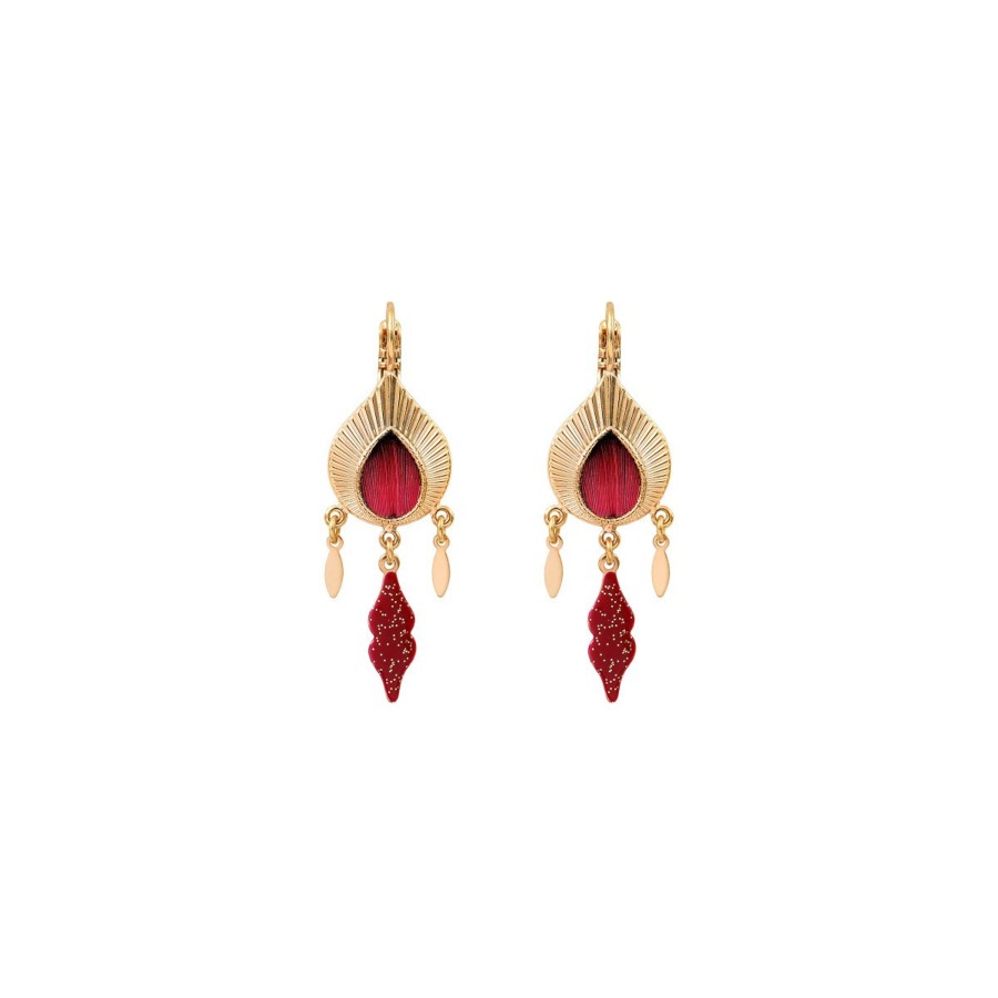 Satellite Paris  | Boucles D'Oreilles Dormeuses Legeres Plumes - Rouge Bordeaux