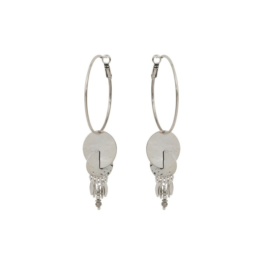 Satellite Paris  | Boucles D'Oreilles Creoles Percees Contemporaines Pyrite Et Metal | E Argent