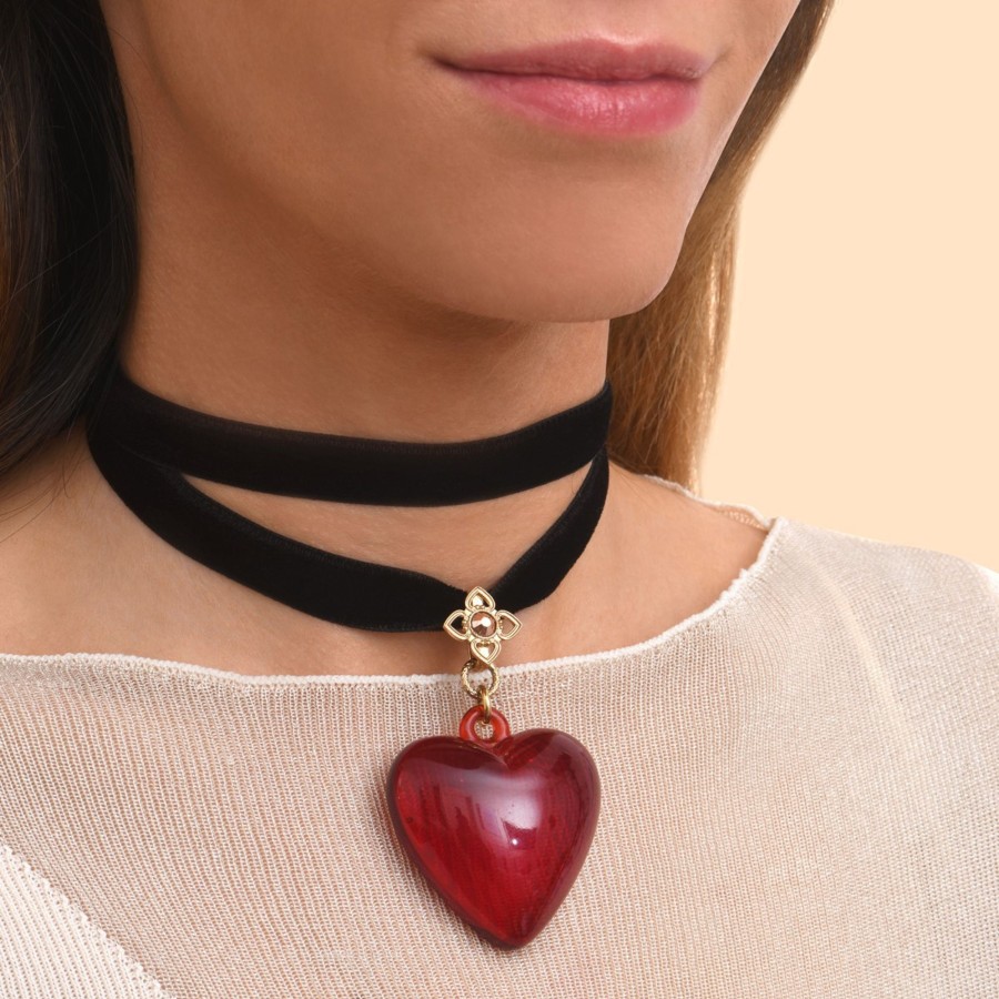 Satellite Paris  | Collier Chocker Double Tour Ruban Velours Coeur - Rouge Bois Rouge